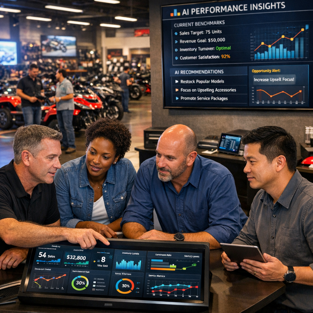 A group of dealership managers excited discussing metrics that lead to better performance.